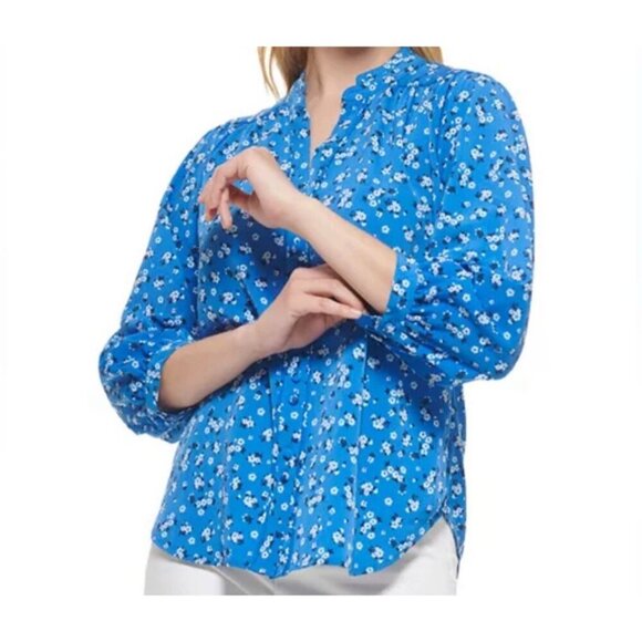 Karl Lagerfeld Womens Blouse Floral Blue Button Down Long Sleeve, Size M, NWT - Picture 2 of 6